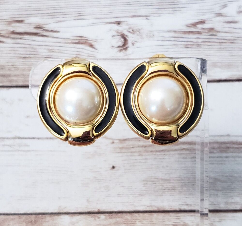 Vintage Clip On Earrings Gold Tone, Black Halo, Faux Pearl Statement Earrings